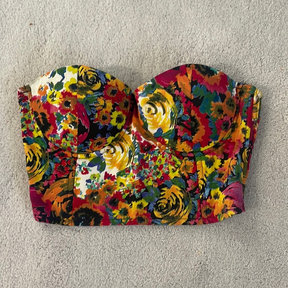 Floral print bustier crop top with zipper in back.